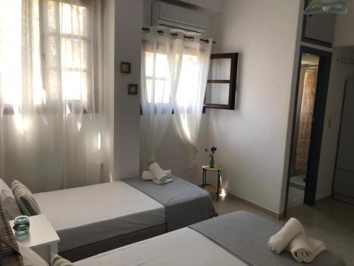 a bedroom with two beds and a mirror at Emmy Rooms in Armenistis