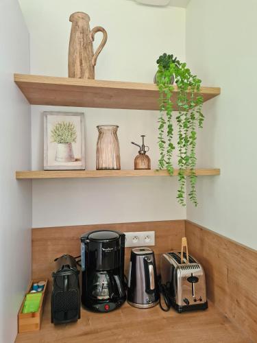 a kitchen shelf with a coffee maker and a toaster at Le Chaussis in Aron