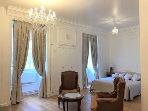 a bedroom with a bed and a chandelier at Château d'Ermenonville in Ermenonville