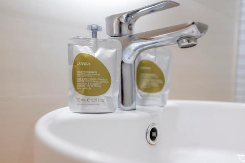 a bathroom sink with a bottle of soap on it at La Ruinée Appartement chaleureux à proximité des pistes et commodités in Briançon