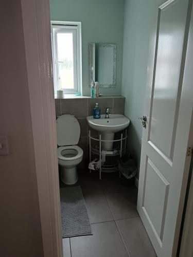 a bathroom with a toilet and a sink at Folly Lodge in Barnsley