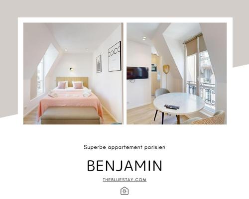 deux photos d'une chambre avec un lit et une table dans l'établissement 162 Suite Benjamin - Superbe Appartement à Paris, à Paris