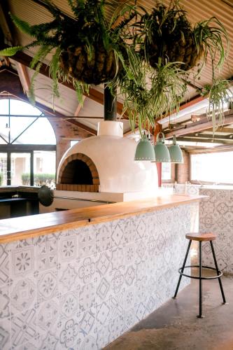 a kitchen with a counter with two potted plants at Romantic Wine Estate Stay in The Midlands in Howick
