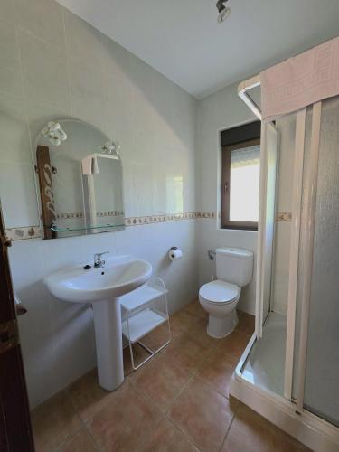 a bathroom with a sink and a toilet and a shower at Casa Rural Fuentecillas in Becedas