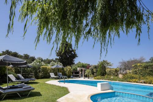 a swimming pool with chairs and umbrellas in a yard at Villa Lambros in Roústika
