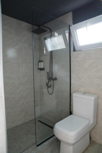 ein Badezimmer mit Dusche, Toilette und Fenster in der Unterkunft Luni in T'mogvi