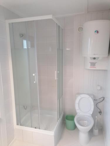 a white bathroom with a shower and a toilet at Amber Coast - Domek nr 4 in Jantar