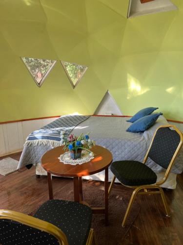 a bedroom with a bed and a table and chairs at Domos Temuco, Cumbres del Conunhuenu in Temuco