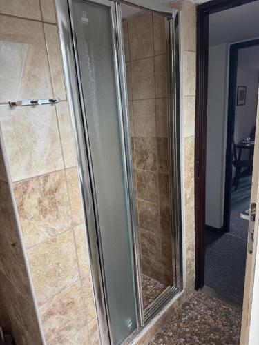 a shower with a glass door in a bathroom at Penzion Dřevák in Jetřichovice