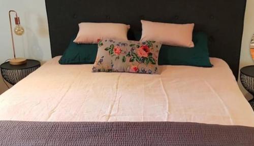 a bed with pink and green pillows on it at Chambre chez l habitant in Lissieu