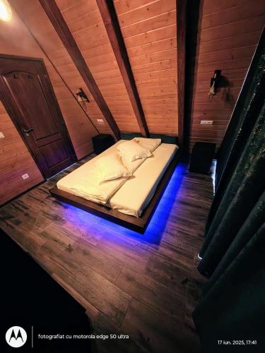 a bed in a room with blue lights on the floor at Casuta din LAZ in Onceşti