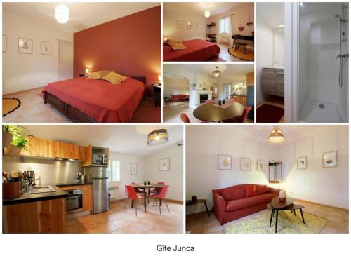 a collage of four pictures of a hotel room at Domaine du Flamand - Gîtes du Pin Sec côté OCEAN in Naujac-sur-Mer