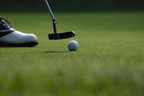 a golf club and a golf ball on the grass at Golf - Vale Da Pinta T2 com Piscina, Wi-Fi e Ar Condicionado in Carvoeiro