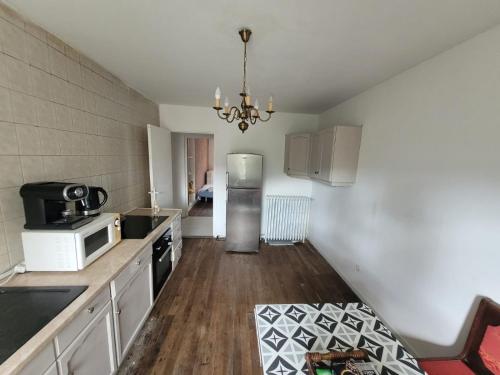 La cuisine est équipée d'un four micro-ondes et d'un réfrigérateur. dans l'établissement Apartment center station ground floor, à Jarny