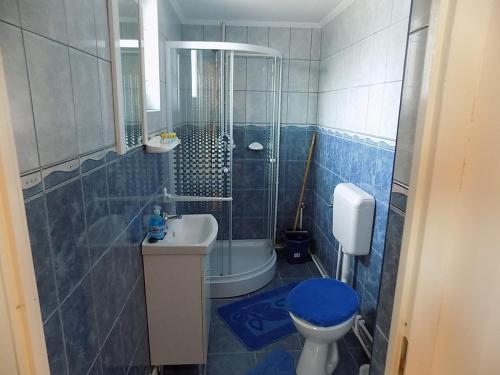 a blue tiled bathroom with a toilet and a sink at Maksai Vendégház in Ocna de Sus