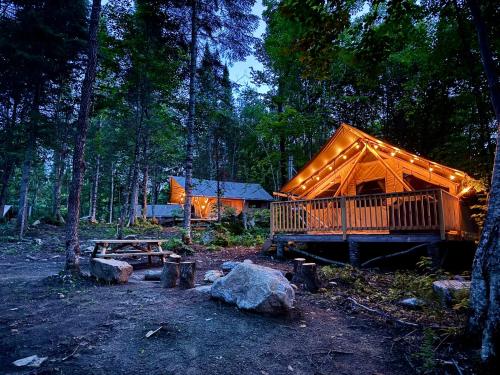 a wooden cabin in the woods with lights on it at Huttopia Les Deux Lacs - Laurentides in Mont-Blanc