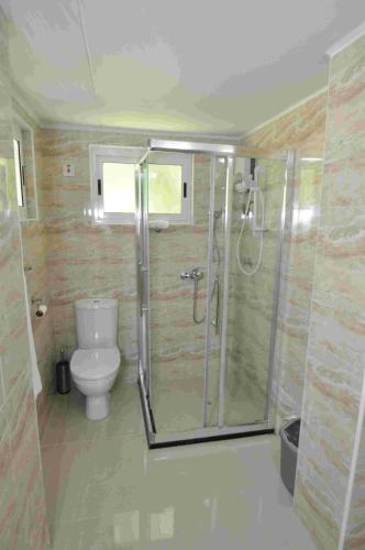 a bathroom with a shower and a toilet at Chrisent Residence in Port Glaud