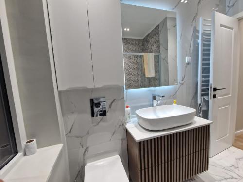 een witte badkamer met een wastafel en een toilet bij Nostra Casa - Tivat in Tivat