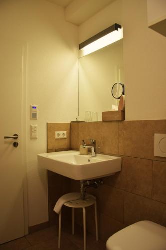 a bathroom with a sink and a mirror at Seybolds Gästehaus in Lauffen am Neckar