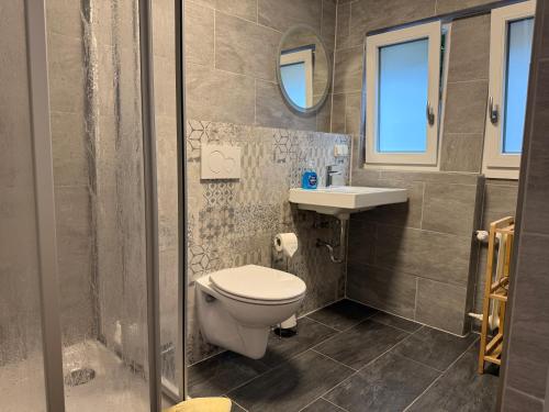 a bathroom with a toilet and a sink at Hotel Garni Forsthaus Ruhpolding in Ruhpolding