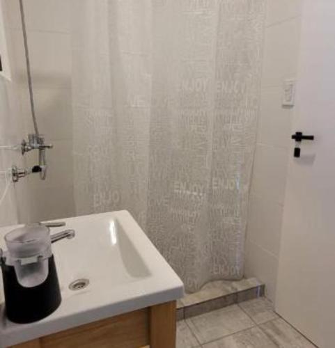 a bathroom with a sink and a shower at El Descanso Deseado in Puerto Deseado