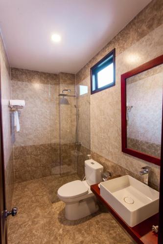 a bathroom with a toilet and a shower and a sink at Gia Phát Homestay in Hoi An