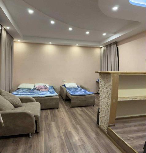 トビリシにあるApartment in Tbilisi Center on Veraのリビングルーム(ベッド2台、暖炉付)