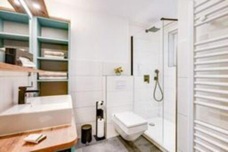 a bathroom with a toilet and a sink and a shower at Hotel Klein Amsterdam in Friedrichstadt