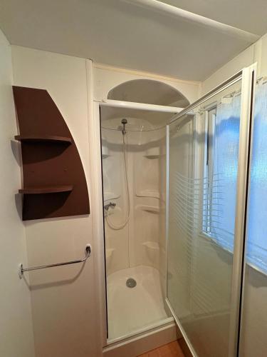 une douche avec une porte vitrée dans une salle de bain dans l'établissement Manoir le Mingreaud-Bungalows, à Sainte-Gemme-la-Plaine