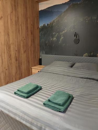 a bed with two green towels on top of it at Willa Zuzanna Apartamenty in Ustroń