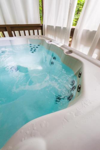 a bath tub with blue water in it at Adventures on Alleghany in McGaheysville