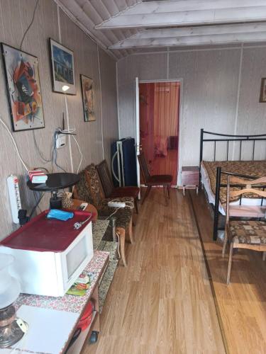 a living room with a microwave and a bed at Аренда посуточно море 2-12 человек Одесса Крыжановка in Kryzhanivka