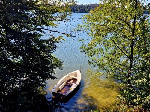 a small boat on a lake between two trees at Leśna Partęczyny in Tereszewo