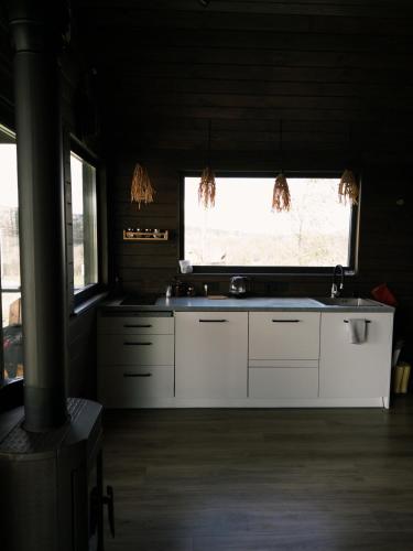 a kitchen with white cabinets and a window at Mahiya Vitriv in Staryy Sambor