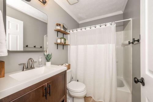 a bathroom with a sink and a toilet and a shower at Cozy Home Away From Home in Florence