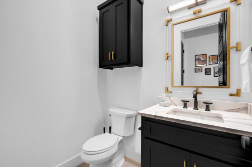 a bathroom with a toilet and a sink with a mirror at Lakefront Stay for 16 with Pool Dock & Game Room in Granite Shoals