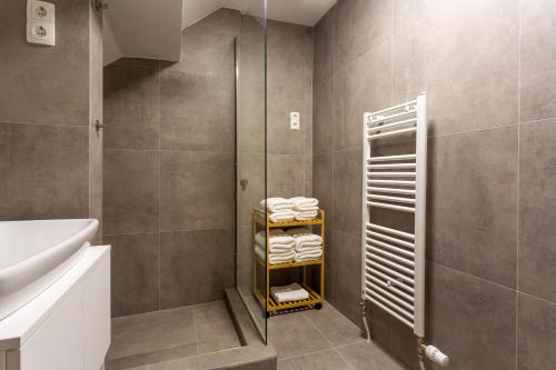 a bathroom with a shower and a rack with towels at Vila Slovenka in Celje