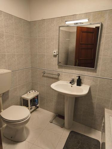 a bathroom with a toilet and a sink and a mirror at Casa da Praça I in Amoreira