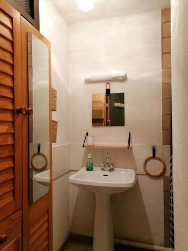 une salle de bain avec un lavabo et un miroir dans l'établissement Studio cabine - Grau du Roi, au Grau-du-Roi