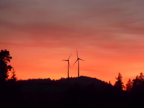 two wind turbines on a hill at sunset at Haus Harter in Wolfach