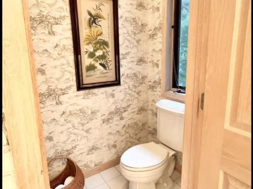 a bathroom with a toilet and a picture on the wall at Spacious 4 BDR Home in Desirable Abbey Springs in Lake Geneva