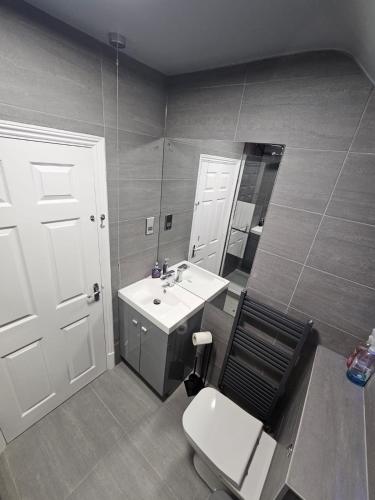 a bathroom with a sink and a toilet and a mirror at Apartment Royston Center in Royston