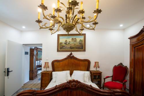 ein Schlafzimmer mit einem großen Bett und einem Kronleuchter in der Unterkunft Villa Vintage -Room A 103 in Tomášikovo