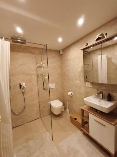 a bathroom with a shower and a toilet and a sink at Sonnige Souterrain-Einliegerwohnung im Herzen Parsbergs in Parsberg