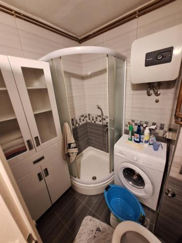 y baño pequeño con ducha y lavadora. en Stan Kosevsko Brdo, en Sarajevo