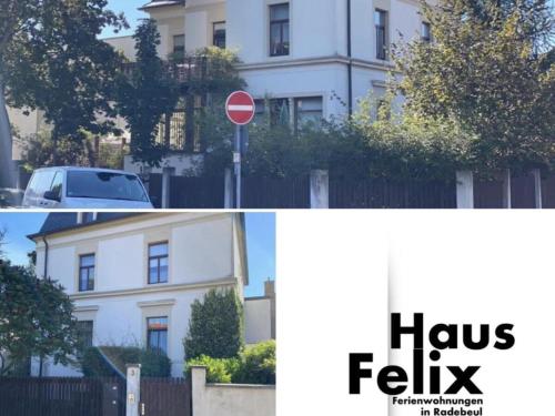 a collage of two pictures of a house and a stop sign at "Spitzhausblick" in het Huis Felix in Radebeul