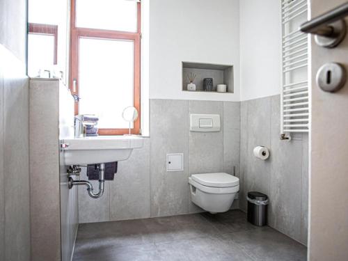 a bathroom with a toilet and a sink and a window at "Spitzhausblick" in het Huis Felix in Radebeul