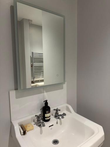 La salle de bains est pourvue d'un lavabo blanc et d'un miroir. dans l'établissement Chineway Cottage, à Ottery St Mary