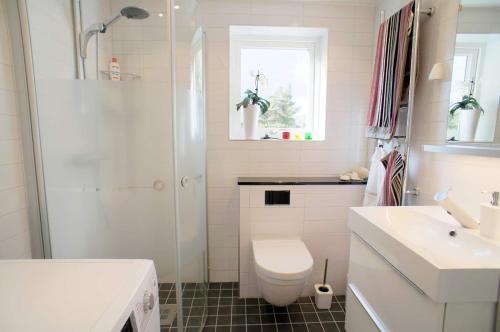 a bathroom with a toilet and a shower and a sink at 5-star homestay for 2 with breakfast, hot-tub, aircon and bikes in Ingarö