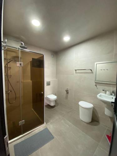 a bathroom with a shower and a toilet and a sink at Magnetoria in Urekis Sadguri